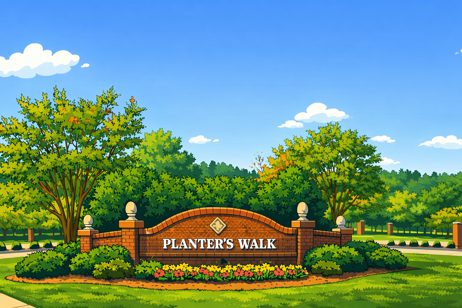 Planter's Walk entryway sign and neighborhood illustration